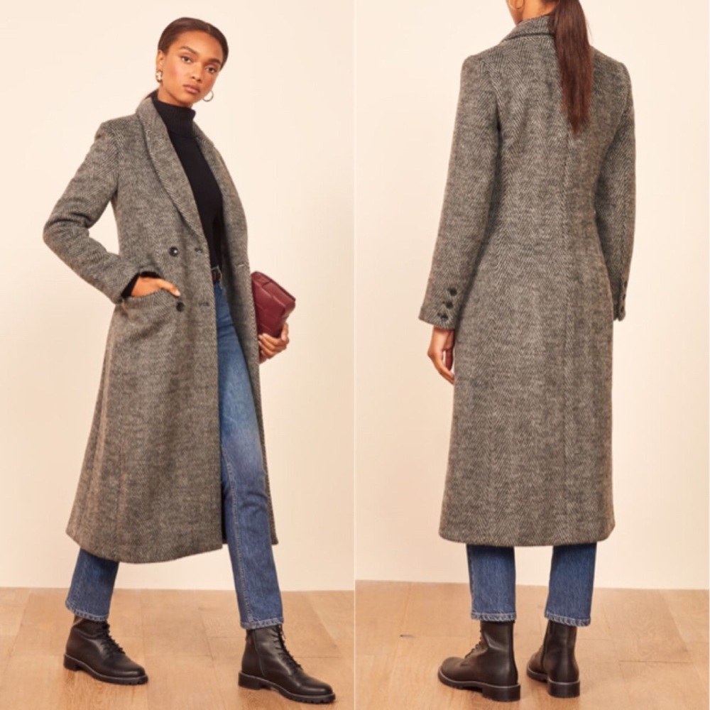 Reformation York Herringbone Plaid Long Coat L